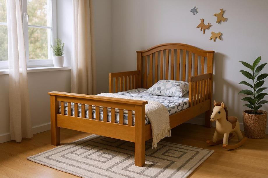 เตียงนอนเด็กไม้แท้ พร้อมแผงกันตก ดีไซน์อบอุ่น ปลอดภัย  เตียงนอนสำหรับเด็ก รุ่นมาตรฐาน ผลิตจากไม้แท้ แข็งแรง ทนทาน พร้อมแผงกันตกทั้งสองข้าง เพิ่มความปลอดภัยให้กับลูกน้อยขณะนอนหลับ มาพร้อมดีไซน์คลาสสิค ลวดลายไม้สวยงาม เข้ากับห้องนอนได้ทุกสไตล์  ขนาดเหมาะสำหรับเด็กเล็กถึงเด็กโต  โครงสร้างไม้จริง แข็งแรง ทนทาน ใช้งานได้นาน  แผงกันตกทั้งสองด้าน ป้องกันการกลิ้งตกเตียง  พื้นเตียงโปร่ง ระบายอากาศได้ดี  ดีไซน์อบอุ่น สวยงาม เหมาะสำหรับห้องเด็กทุกวัย  เหมาะสำหรับคุณพ่อคุณแม่ที่มองหาเตียงปลอดภัย พร้อมดูแลลูกน้อยตลอดคืน