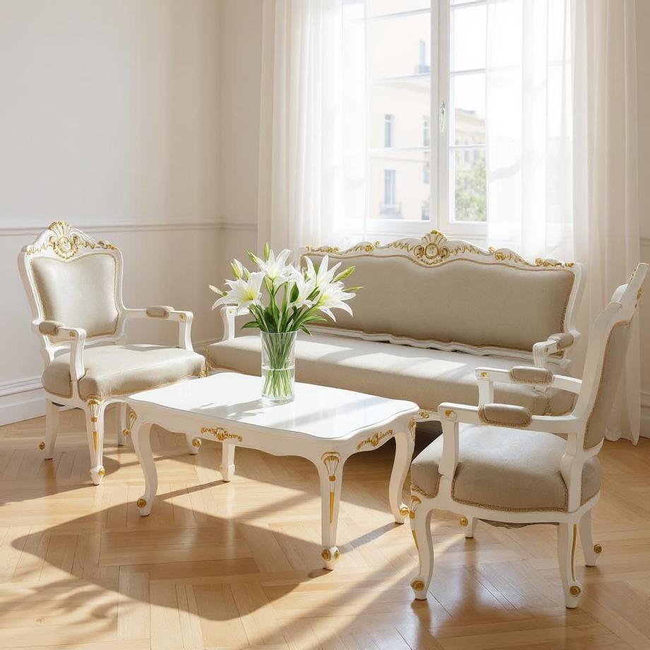 ชื่อสินค้า: ชุดโซฟาหลุยส์ ไม้สักแท้ทำสีทองเดินทอง  รายละเอียด: ชุดโซฟาหลุยส์สุดหรู ผลิตจากไม้สักแท้ทั้งชุด ทำสีขาวครีมเดินเส้นทอง เพิ่มความหรูหราและคลาสสิกทุกมุมมอง เหมาะสำหรับตกแต่งห้องรับรอง ห้องนั่งเล่น หรือมุมถ่ายภาพ ให้บรรยากาศสวยสง่าแบบราชวังยุโรป  1 ชุดประกอบด้วย:  โซฟา 3 ที่นั่ง จำนวน 1 ตัว  เก้าอี้เดี่ยว (1 ที่นั่ง) จำนวน 2 ตัว  โต๊ะกลางไม้สักทำสีทอง จำนวน 1 ตัว  จุดเด่นสินค้า: ✔ ทำจากไม้สักแท้ทั้งชุด แข็งแรง ทนทาน ✔ งานแกะสลักลวดลายสวยงาม เดินเส้นทองเพิ่มความหรูหรา ✔ เบาะหุ้มผ้าคุณภาพสูง นั่งสบาย รองรับสรีระได้ดี ✔ ดีไซน์สไตล์หลุยส์ เติมเต็มเสน่ห์ห้องรับรองของคุณ ✔ เหมาะทั้งสำหรับบ้านพักอาศัย โรงแรม รีสอร์ต หรือห้องรับรองลูกค้า