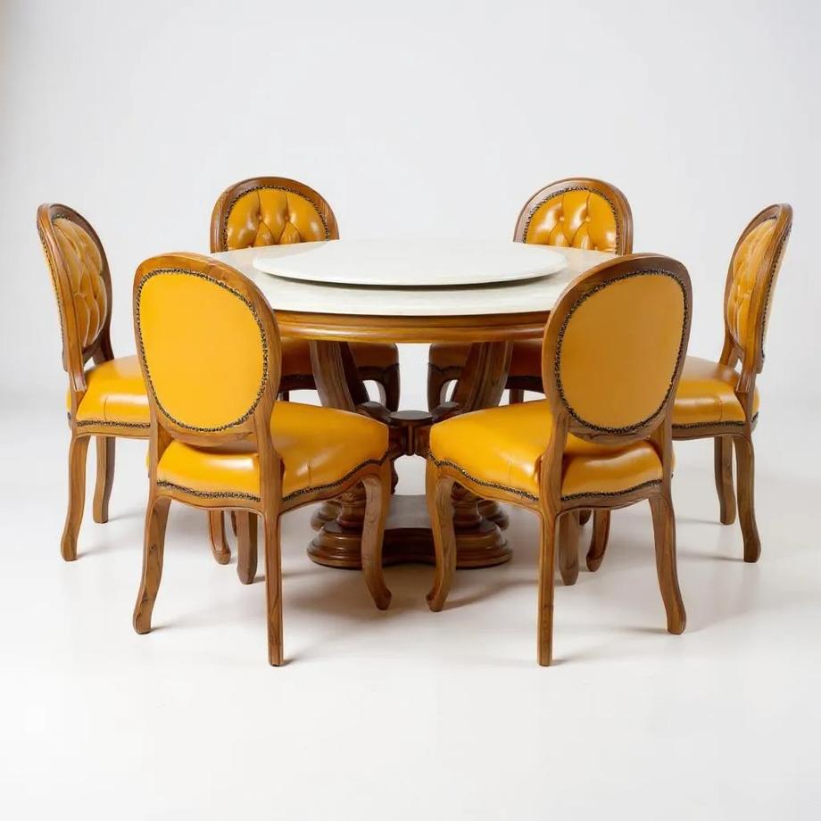 🍽 โต๊ะอาหารกลมไม้สักแท้ ขนาด 150 ซม. ท้อปหิน พร้อมจานหมุน เก้าอี้หนังแท้สุดหรู  โต๊ะอาหารกลมไม้สักแท้ ดีไซน์คลาสสิก ขนาด 150 ซม. ท้อปหินแท้หรูหรา มาพร้อมจานหมุนตรงกลาง เพิ่มความสะดวกในการทานอาหารร่วมกันทุกมื้อ เหมาะสำหรับครอบครัวที่ให้ความสำคัญกับความอบอุ่นและความพร้อมหน้าพร้อมตา ตามหลักฮวงจุ้ยเสริมความกลมเกลียว เก้าอี้บุหนังแท้ดีไซน์หรู รองรับสรีระนั่งสบายทุกที่นั่ง ผลิตด้วยงานฝีมือประณีตจากไม้สักแท้ แข็งแรง ใช้งานได้ยาวนาน  เหมาะสำหรับบ้านที่ต้องการความหรูหราและความอบอุ่นในเวลาเดียวกัน.