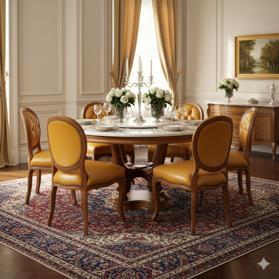 🍽️ โต๊ะไม้ดีไซน์กลมอันประณีต 🪑 เก้าอี้บุด้วย หนังวัวแท้ธรรมชาติ 100% สีเหลืองมัสตาร์ด ที่มอบสัมผัสความนุ่มนวล นั่งสบาย และทนทาน พร้อมดีไซน์พนักพิงแบบกระดุม (Tufted) ที่เพิ่มความหรูหราอย่างมีระดับ  ไม่ว่าจะจัดเลี้ยงแขกคนสำคัญ หรือทานอาหารกับครอบครัว ชุดโต๊ะอาหารนี้จะสร้างบรรยากาศที่น่าประทับใจและสะท้อนรสนิยมอันโดดเด่นของคุณได้อย่างแท้จริง