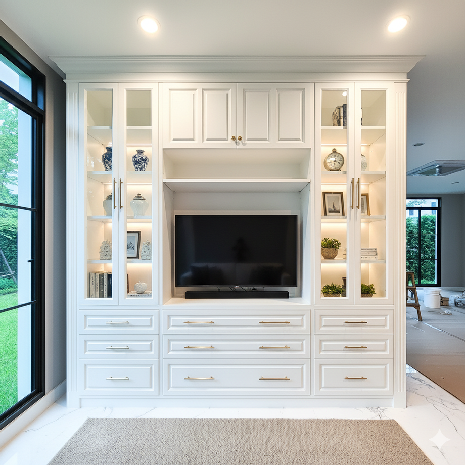 รายละเอียดของตู้วางทีวี โทนสี: ตู้เป็นสีขาวสะอาดตา ตัดกับมือจับลิ้นชักและบานตู้ที่เป็นสีทอง ทำให้ดูหรูหราและทันสมัย พื้นที่จัดเก็บ: มีลิ้นชักขนาดใหญ่หลายช่องเพื่อเก็บของใช้ต่างๆ ได้อย่างเป็นระเบียบ นอกจากนี้ยังมีตู้และชั้นวางของทั้งแบบปิดทึบและแบบกระจกใส ฟังก์ชัน: ช่องตรงกลางออกแบบมาสำหรับวางโทรทัศน์โดยเฉพาะ ส่วนช่องด้านบนสามารถวางเครื่องเสียงหรืออุปกรณ์อิเล็กทรอนิกส์อื่นๆ ได้ การตกแต่ง: ชั้นวางของกระจกใสด้านข้างมีไฟส่องสว่างช่วยเพิ่มความโดดเด่นให้กับของตกแต่งที่จัดวางไว้ เช่น แจกัน ภาพถ่าย หรือของสะสมต่างๆ ทำให้ตู้ดูมีมิติและสวยงามยิ่งขึ้น ความลงตัว: การออกแบบตู้บิวท์อินชิ้นนี้ช่วยให้พื้นที่ห้องนั่งเล่นดูเป็นสัดส่วนและเข้ากับสไตล์การตกแต่งโดยรวมได้อย่างดีเยี่ยม