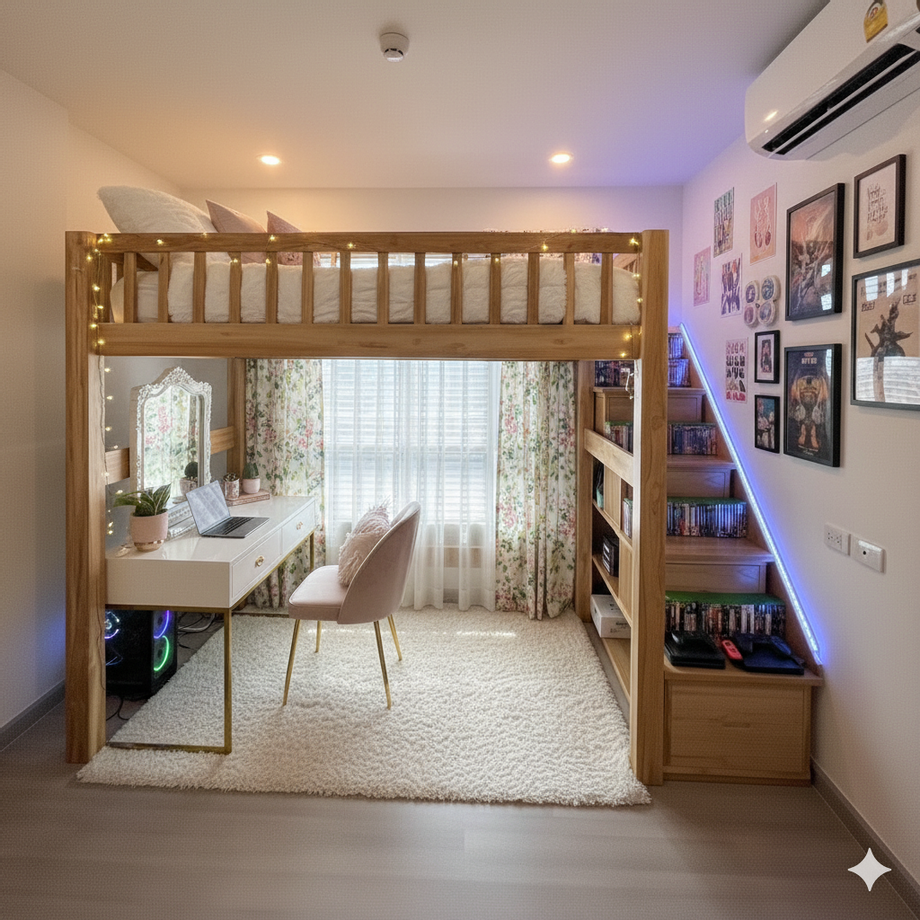 ไอเดียการใช้พื้นที่แนวตั้ง การแต่งห้องนอนขนาดเล็ก 3x3 เมตร ให้ดูน่าอยู่และไม่อึดอัดนั้นหัวใจสำคัญคือการใช้พื้นที่แนวตั้งให้คุ้มค่า เตียงลอฟท์ (Loft Bed) เป็นตัวเลือกที่ตอบโจทย์อย่างยิ่ง เพราะช่วยประหยัดพื้นที่ในแนวราบ ทำให้คุณมีพื้นที่ว่างสำหรับกิจกรรมอื่นๆ มากขึ้น  เตียงนอน: ยกเตียงนอนขึ้นไปไว้ด้านบน ทำให้คุณสามารถใช้พื้นที่ด้านล่างได้อย่างเต็มที่  มุมทำงาน/แต่งหน้า: ใช้พื้นที่ใต้เตียงวางโต๊ะทำงานหรือโต๊ะแต่งหน้า โต๊ะที่เห็นในภาพมีดีไซน์ทันสมัย และเก้าอี้กำมะหยี่สีชมพูอ่อนๆ ช่วยเพิ่มความหวานและอบอุ่นให้กับมุมนี้  บันได: บันไดทางขึ้นเตียงถูกออกแบบมาให้เป็นชั้นวางของและชั้นวางหนังสือในตัว ทำให้ทุกพื้นที่ใช้ประโยชน์ได้สูงสุด  การสร้างบรรยากาศในห้อง โทนสี: การใช้โทนสีสว่าง เช่น ขาวและสีไม้ธรรมชาติ ทำให้ห้องดูสะอาดตาและโปร่งสบายตา  แสงสว่าง: ติดตั้งไฟสีวอร์มไลท์ใต้เตียงและไฟประดับเล็กๆ ที่ราวกันตกของเตียง ช่วยสร้างบรรยากาศที่อบอุ่นและผ่อนคลาย  ของตกแต่ง:  ผ้าม่าน: เลือกผ้าม่านลายดอกไม้เล็กๆ ที่เข้ากับสีห้อง  พรม: วางพรมขนยาวสีขาวบนพื้น เพื่อเพิ่มความนุ่มนวลและแบ่งโซนการใช้งานของห้อง  รูปภาพ: ตกแต่งผนังด้วยกรอบรูปและโปสเตอร์ขนาดต่างๆ ทำให้ห้องมีเรื่องราวและดูมีชีวิตชีวามากขึ้น  ไอเดียนี้ไม่เพียงแต่ช่วยให้ห้องขนาดเล็กของคุณใช้งานได้คุ้มค่า แต่ยังสะท้อนถึงสไตล์และรสนิยมของเจ้าของห้องได้อย่างลงตัว