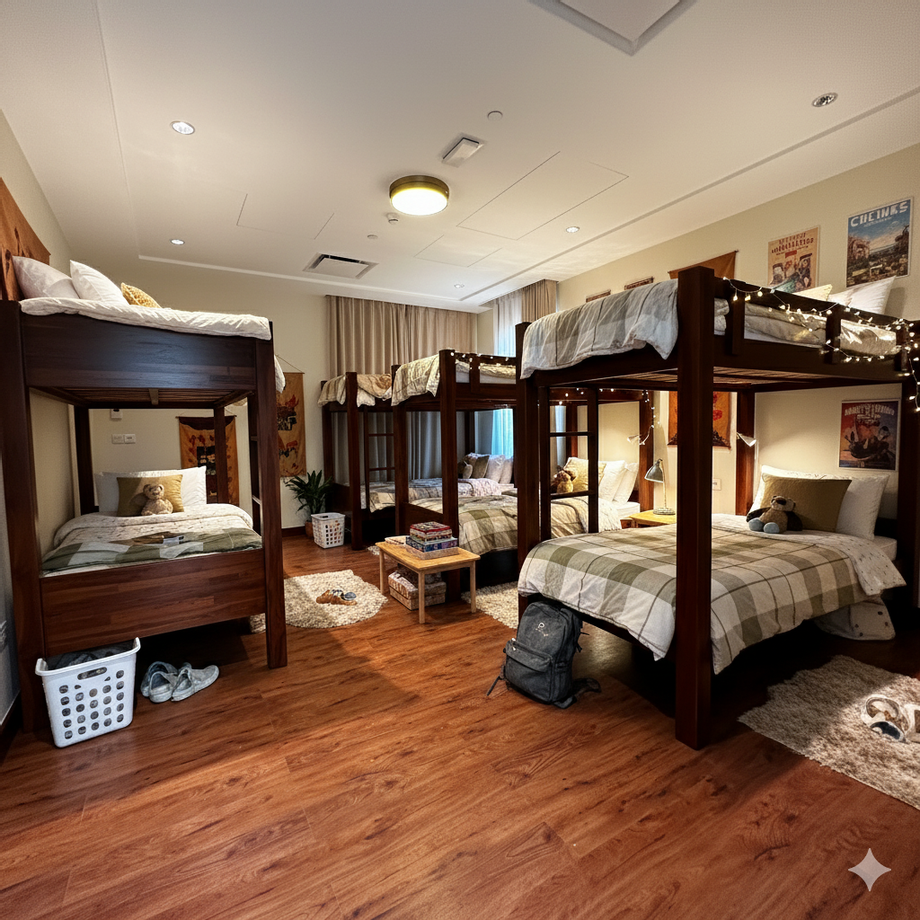 1. การจัดวางเตียง เตียงไม้สองชั้น: เตียงไม้สักมีสีเข้มและดีไซน์เรียบง่าย ทำให้ห้องดูอบอุ่นและหรูหราไปในตัว  การจัดวาง: การวางเตียงแบบสองเตียงชิดกัน ทำให้ห้องสามารถรองรับคนได้ถึง 4 คน เหมาะสำหรับห้องหอพัก ห้องนอนรวม หรือห้องนอนสำหรับครอบครัวใหญ่  ที่นอนและผ้าปู: เลือกใช้ผ้าปูที่นอนและปลอกหมอนที่มีสีอ่อน เช่น สีขาวหรือลายตารางหมากรุก ช่วยตัดกับสีเข้มของเตียงไม้ได้อย่างสวยงาม  2. การตกแต่งและเฟอร์นิเจอร์อื่น ๆ แสงสว่าง: นอกจากไฟหลักบนเพดานแล้ว ยังมีการใช้ไฟตกแต่งแบบไฟเส้นเล็กๆ ที่ราวกันตกของเตียง ช่วยเพิ่มความโรแมนติกและทำให้ห้องดูน่าอยู่ยิ่งขึ้น  พรม: การใช้พรมขนาดเล็กวางไว้ระหว่างเตียง ช่วยแบ่งโซนพื้นที่และทำให้ห้องดูมีมิติมากขึ้น นอกจากนี้ยังทำให้พื้นที่ส่วนกลางดูนุ่มนวลและน่าเดิน  ของตกแต่ง:  โคมไฟตั้งโต๊ะ: โคมไฟเล็กๆ ที่หัวเตียงช่วยให้คุณสามารถอ่านหนังสือหรือทำกิจกรรมส่วนตัวได้โดยไม่รบกวนคนอื่น  ของใช้ส่วนตัว: มีกระเป๋าเป้ รองเท้า และตะกร้าผ้า ทำให้ห้องดูเป็นธรรมชาติและใช้งานได้จริง  โปสเตอร์: การติดโปสเตอร์บนผนัง ช่วยเพิ่มความน่าสนใจให้กับห้องและสะท้อนรสนิยมของผู้อยู่อาศัย  การแต่งห้องด้วยเตียงสองชั้นแบบนี้ ไม่เพียงแต่ช่วยประหยัดพื้นที่ได้อย่างยอดเยี่ยม แต่ยังช่วยให้ผู้อยู่อาศัยรู้สึกอบอุ่นและมีมุมพักผ่อนที่เป็นส่วนตัวไปพร้อม ๆ กัน