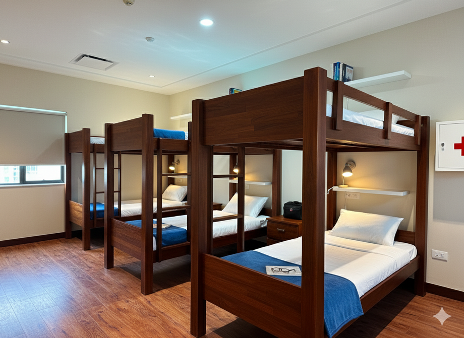 การจัดเตียงสองชั้นสำหรับห้องพักหอพัก การจัดห้องพักรูปแบบนี้เหมาะสำหรับการอยู่อาศัยแบบรวม เช่น หอพักนักศึกษา หอพักพนักงาน หรือที่พักรวมในรีสอร์ต เน้นการใช้พื้นที่อย่างคุ้มค่า โดยเลือกใช้ เตียงสองชั้นไม้สักแข็งแรง จัดเรียงเป็นแนว ทำให้สามารถรองรับผู้พักได้มากขึ้นภายในพื้นที่เท่าเดิม  การออกแบบเรียบง่ายทันสมัย: เตียงไม้สักแท้สีเข้ม ให้บรรยากาศอบอุ่นและดูเป็นระเบียบ  การใช้พื้นที่คุ้มค่า: แต่ละชุดมีเตียงบน–ล่าง พร้อมพื้นที่หัวเตียงติดโคมไฟอ่านหนังสือและชั้นวางของ  ความสะดวกสบาย: เตียงถูกจัดวางให้มีระยะห่างกำลังดี ไม่อึดอัด และยังคงความเป็นส่วนตัวในระดับหนึ่ง  เหมาะกับการใช้งานจริง: รองรับทั้งนักเรียน นักศึกษา หรือกลุ่มพนักงานที่ต้องการที่พักรวมในราคาคุ้มค่า  ด้วยการจัดวางแบบนี้ ห้องพักจึงมีทั้งความเป็นระเบียบ ประหยัดพื้นที่ และรองรับผู้เข้าพักได้มากขึ้น โดยไม่ลดทอนความสะดวกสบาย