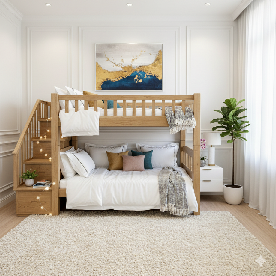 เตียงสองชั้นไม้สักแท้ แยกเป็นเตียงเดี่ยวได้  เพิ่มความลงตัวให้กับทุกห้องนอนด้วย เตียงสองชั้นไม้สักแท้ ดีไซน์สวยงาม แข็งแรง ทนทาน สามารถถอดแยกออกเป็นเตียงเดี่ยวได้ ช่วยปรับฟังก์ชันการใช้งานได้ตามความต้องการของครอบครัว  วัสดุ: ผลิตจากไม้สักแท้ 100% แข็งแรง ทนปลวก ทนมอด  ขนาดโดยรวม: ยาว 2.7 เมตร x กว้าง 1.2 เมตร x สูง 1.7 เมตร  รองรับน้ำหนัก: รับน้ำหนักผู้นอนได้มากถึง 130 กิโลกรัมต่อเตียง  ฟังก์ชัน: ถอดแยกเป็นเตียงเดี่ยวได้ ใช้งานยืดหยุ่นทั้งสำหรับเด็กและผู้ใหญ่  ดีไซน์: บันไดข้างแบบมีลิ้นชักเก็บของ เพิ่มพื้นที่จัดเก็บอย่างชาญฉลาด  ตัวเลือกสี: สามารถผลิตทำสีบีช (Beach Tone) หรือสีอื่น ๆ ตามต้องการ  เตียงรุ่นนี้เหมาะสำหรับบ้านที่มีพื้นที่จำกัดหรือครอบครัวที่ต้องการเตียงคุณภาพสูง แข็งแรง ใช้งานได้ยาวนานหลายสิบปี พร้อมเพิ่มความอบอุ่นและความหรูหราให้กับห้องนอนของคุณ