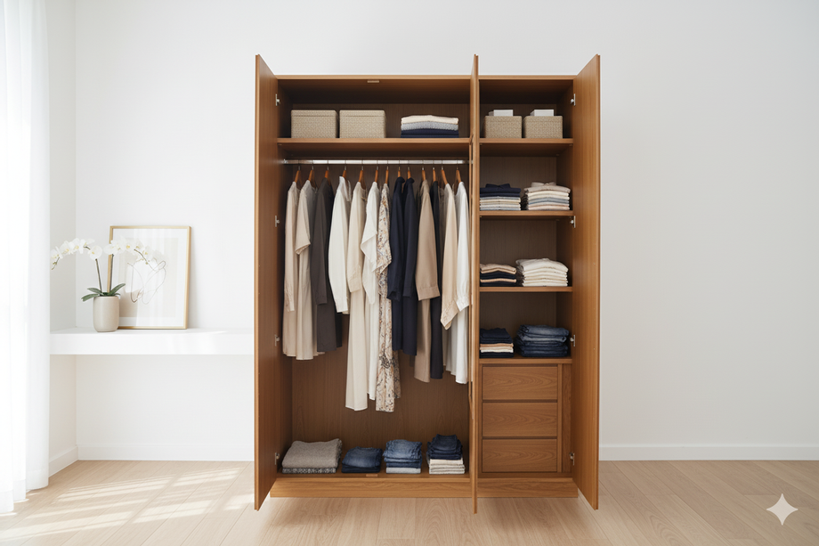 ตู้เสื้อผ้าโครงสร้างไม้อัดสัก ขนาด 1.5 เมตร  เติมเต็มความลงตัวให้กับห้องนอนด้วย ตู้เสื้อผ้าโครงสร้างไม้อัดสัก ดีไซน์เรียบง่าย สวยคลาสสิก ใช้งานได้จริง และเข้ากับการแต่งบ้านได้ทุกรูปแบบ ไม่ว่าจะเป็นสไตล์มินิมอล โมเดิร์น หรือคลาสสิก  ขนาด: กว้าง 1.5 เมตร จุเสื้อผ้าได้มาก เหมาะกับทุกครอบครัว  วัสดุ: โครงสร้างผลิตจากไม้อัดสักคุณภาพสูง แข็งแรงทนทาน  คุณสมบัติ: ไม่กลัวปลวก ไม่กลัวมอด ใช้งานได้ยาวนาน  ดีไซน์: เรียบง่าย หรูหรา ลงตัวกับการแต่งห้องทุกรูปแบบ  การใช้งาน: เปิด–ปิดสะดวกสบาย เหมาะกับการใช้งานทั้งบ้านและคอนโด  จุดเด่น: ดีไซน์ที่เรียบหรูและวัสดุคุณภาพ ทำให้ตู้รุ่นนี้ไม่เพียงเป็นที่เก็บเสื้อผ้า แต่ยังช่วยเสริมบรรยากาศห้องให้ดูอบอุ่นและมีสไตล์ในเวลาเดียวกัน