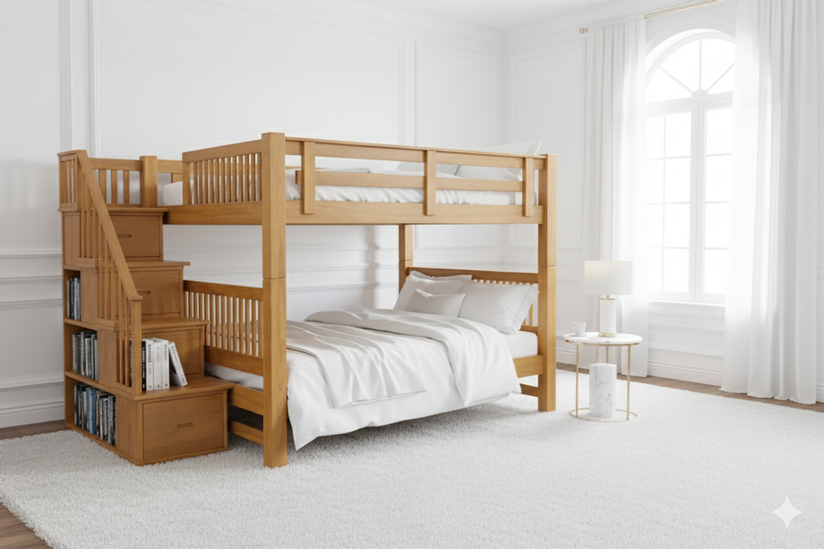 เตียงสองชั้น ขนาด 5 ฟุต รุ่นพิเศษนี้ ออกแบบมาเพื่อความแข็งแรงทนทานและการใช้งานที่ยาวนาน โครงสร้างผลิตจากไม้สักแท้คัดเกรด ผ่านการอบแห้งอย่างดีเพื่อป้องกันการบิดงอและปัญหาปลวกหรือมอด รองรับน้ำหนักได้มาก เหมาะสำหรับผู้ใหญ่หรือครอบครัวที่ต้องการพื้นที่นอนกว้างขวางและปลอดภัย  ด้วยขนาด 5 ฟุต เตียงชั้นล่างกว้างพอให้พักผ่อนได้เต็มอิ่ม ในขณะที่เตียงชั้นบนยังคงมั่นคง แข็งแรง ไม่โยกคลอน ระบบบันไดเสริมถูกออกแบบให้ก้าวขึ้นง่าย และสามารถจัดวางตำแหน่งซ้าย–ขวาได้ตามต้องการ ตัวเตียงสามารถแยกออกมาเป็นเตียงเดี่ยวได้ เพิ่มความยืดหยุ่นในการใช้งานทั้งในบ้านเดี่ยวหรือคอนโด  เหมาะสำหรับห้องนอนครอบครัว ห้องพักผู้ใหญ่ หรือแม้แต่โฮมสเตย์ที่ต้องการเตียงที่รับรองแขกได้หลายคนในพื้นที่จำกัด จุดเด่นคือ ความแข็งแรง ความทนทาน และดีไซน์เรียบหรูจากไม้สักแท้ ที่ใช้งานได้ยาวนานกว่า 20 ปี