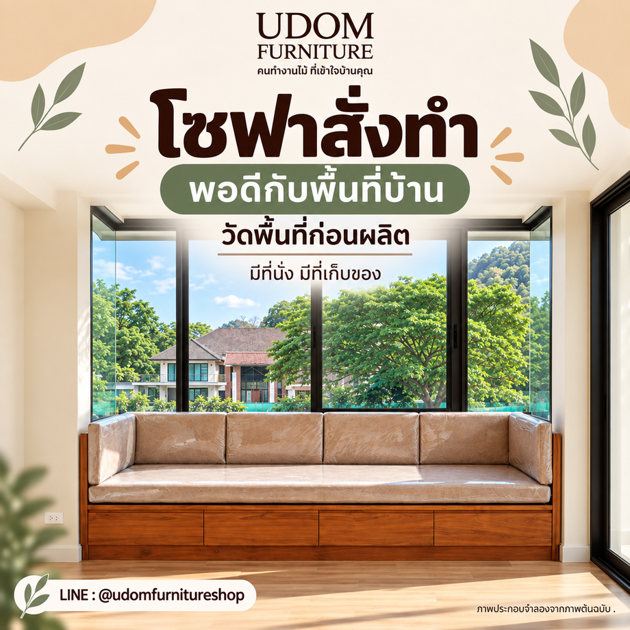 โซฟาสั่งทำพร้อมลิ้นชักใต้ที่นั่ง UDOM FURNITURE พร้อมข้อความวัดพื้นที่ก่อนผลิต
