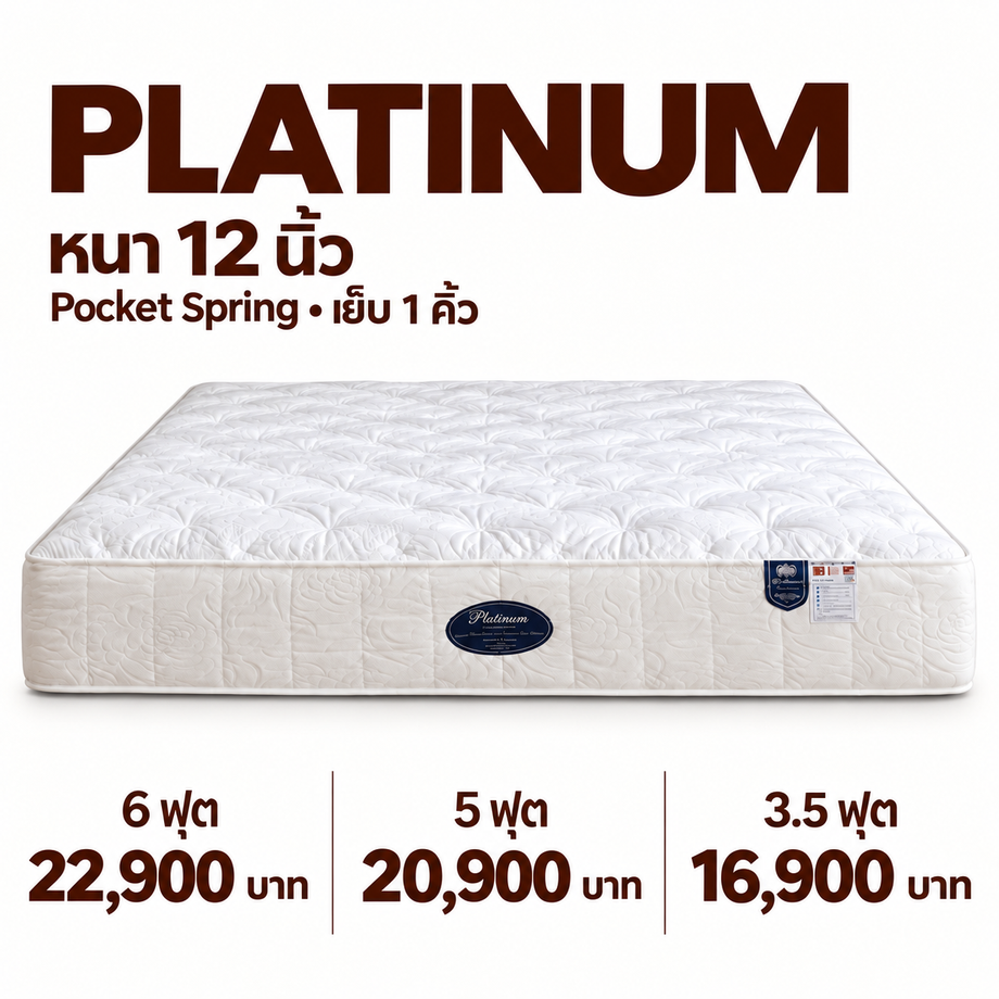ที่นอน Homematt รุ่น Platinum — พ็อกเก็ตสปริง พร้อมชั้นฟองน้ำและยางพาราอัด Platinum มีทั้งส่วนที่ช่วยรองรับน้ำหนัก และชั้นวัสดุที่เสริมความสบายอยู่ด้านบนค่ะ ภายในใช้ Pocket Spring หรือสปริงแยกถุง โดยสปริงแต่ละลูกอยู่ในถุงผ้าของตัวเอง ช่วยรองรับน้ำหนักตามจุดต่าง ๆ ของร่างกาย เหนือชุดสปริงมีฟองน้ำนุ่มหลายชั้น ร่วมกับ Eco Latex ซึ่งเป็นยางพาราอัด ทำหน้าที่เสริมชั้นรองรับอีกส่วนหนึ่ง แล้วปิดผิวหน้าด้วยผ้าถักและใยสังเคราะห์ เพื่อให้บริเวณที่ตัวเราสัมผัสมีความนุ่มสบายค่ะ สเปกที่เข้าใจง่าย: หนา 12 นิ้ว ประมาณ 30.5 ซม. Pocket Spring สปริงแยกถุง เป็นโครงสร้างหลักในการรองรับน้ำหนัก Comfort Soft Foam ฟองน้ำนุ่ม เสริมความสบายในชั้นวัสดุด้านบน Elastic Soft Foam (S10) ฟองน้ำนุ่มยืดหยุ่น ทำงานร่วมกับชั้นรองรับอื่น Eco Latex ยางพาราอัด เสริมชั้นรองรับเหนือชุดสปริง Cotton Felt Sheet แผ่นใยฝ้ายรองใต้ชุดสปริง ผ้าหุ้มถักและใยสังเคราะห์ เสริมสัมผัสนุ่มบริเวณผิวหน้า รับประกัน 12 ปี ตามเงื่อนไขผู้ผลิต